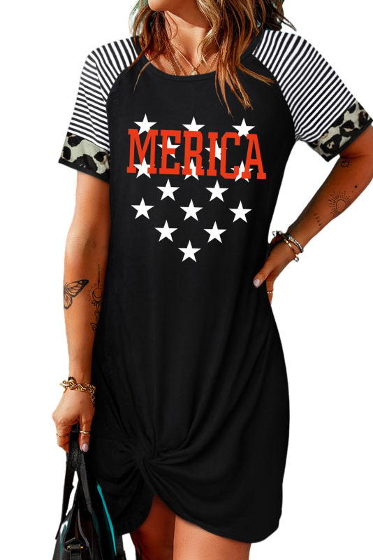 Black MERICA &amp; Star Print Striped Leopard Short Sleeve T-Shirt Dress LC6116227-2