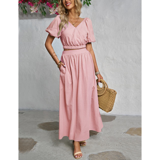 Pink V Neck Crop Top and Pocket Skirt Set TQX711102-10