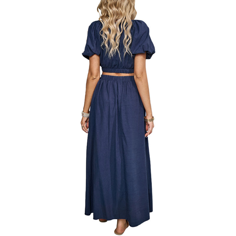 Navy Blue V Neck Crop Top and Pocket Skirt Set TQX711102-34