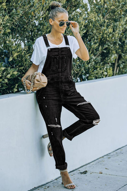 Black Distressed Bib Denim Overalls LC783879-2