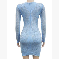Light Blue Deep V Neck Rhinestone Long Sleeve Bodycon Dress TQK311547-30