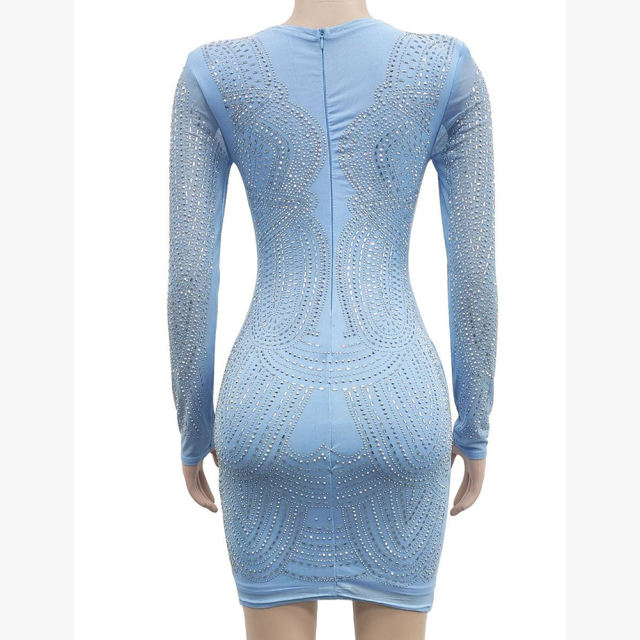 Light Blue Deep V Neck Rhinestone Long Sleeve Bodycon Dress TQK311547-30