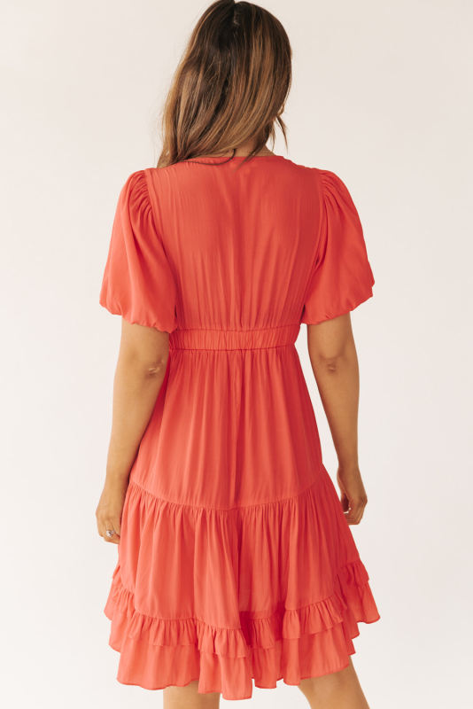 Orange Ruffle V Neck Tiered Puff Sleeve Mini Dress LC6115985-14