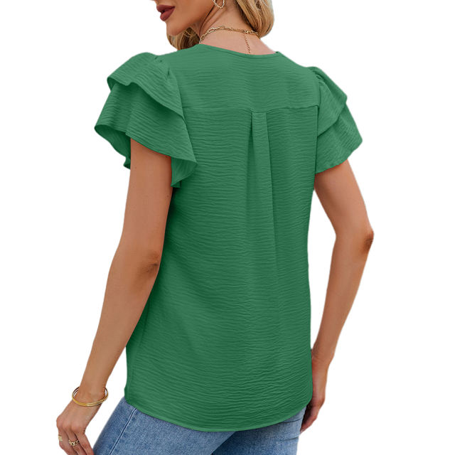 Green Chiffon V-neck Ruffled Short Sleeve Top TQG22001-9