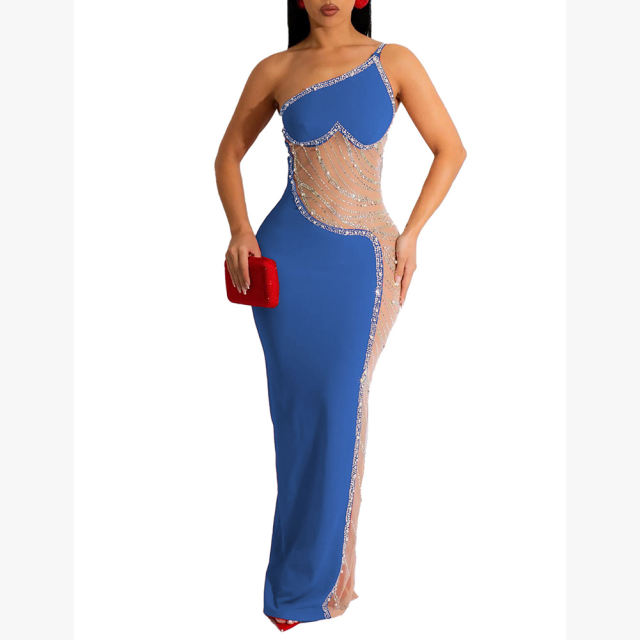 Blue Rhinestone Pearl Mesh One-shoulder Maxi Dress TQK311552-5