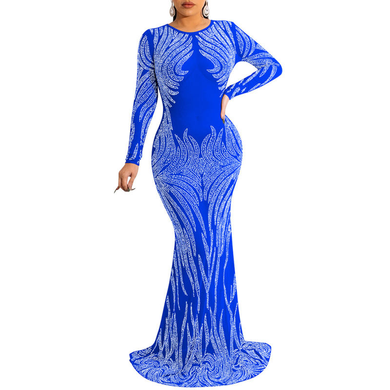 Blue Mesh Rhinestone See Through Long Sleeve Maxi Dress TQK311243-5