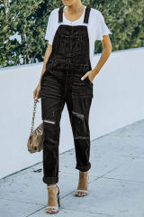Black Distressed Bib Denim Overalls LC783879-2