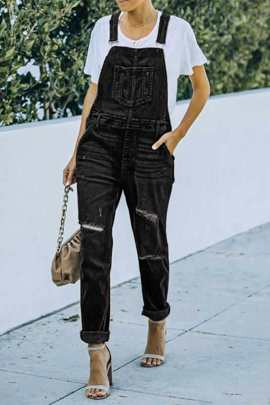 Black Distressed Bib Denim Overalls LC783879-2