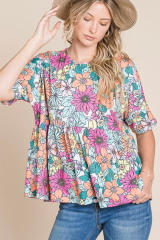 Multicolor Bohemian Flower Print Flowy Short Sleeve Top LC25220723-22