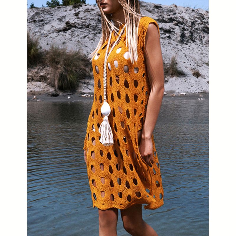 Orange Hollow-out Pullover Beach Cover with Slit TQG310034-14