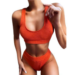Orange Solid Rib Tank Bikini Swimsuit TQK610287-14
