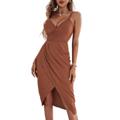 Brown Ribbed Spaghetti Straps V Neck Sparkling Bodycon Dress TQK311033-17