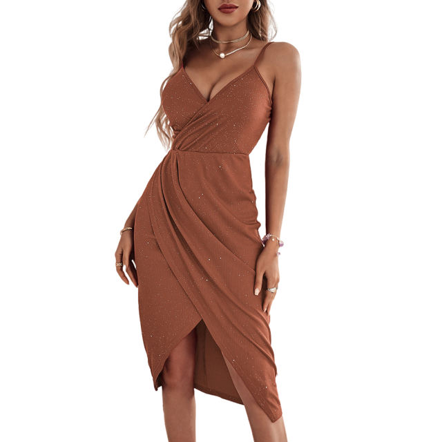 Brown Ribbed Spaghetti Straps V Neck Sparkling Bodycon Dress TQK311033-17