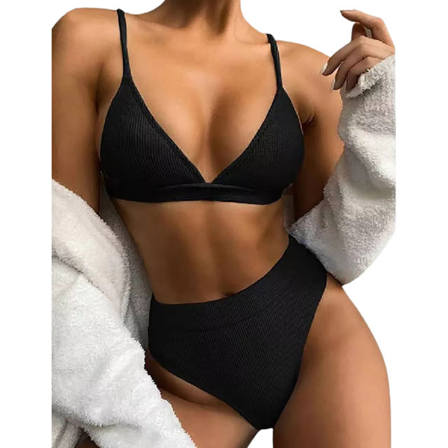 Solid Black Rib Fashion Bikini Set TQK610284-2