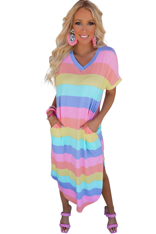 Multicolor Striped Side Split Pockets V Neck T Shirt Midi Dress LC6114557-22