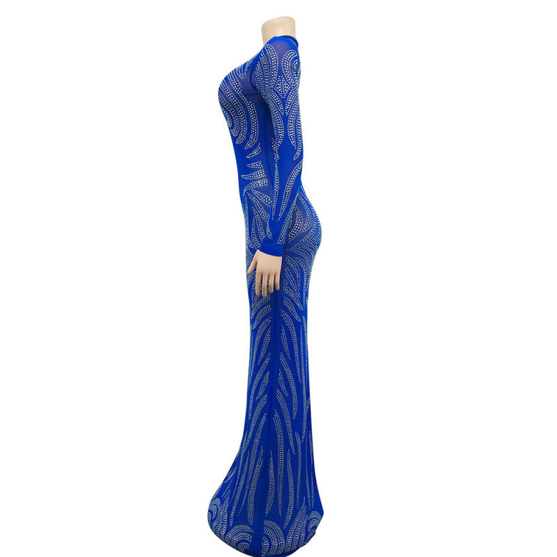 Blue Mesh Rhinestone See Through Long Sleeve Maxi Dress TQK311243-5