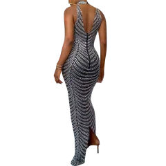 Black Mesh Studded See Through Open Back Maxi Dress TQK311241-2
