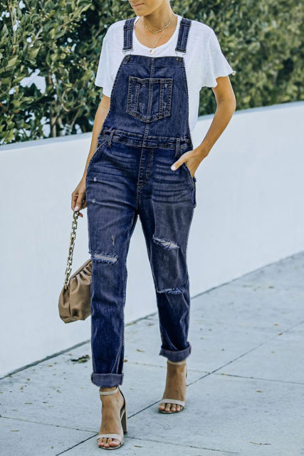 Blue Distressed Bib Denim Overalls LC783879-5