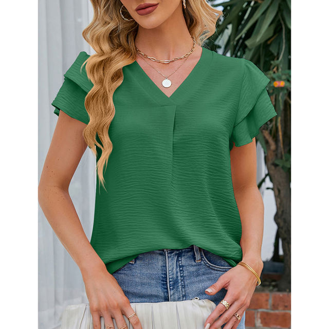 Green Chiffon V-neck Ruffled Short Sleeve Top TQG22001-9