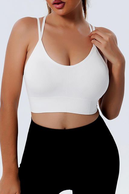 White Ribbed Knit Strappy Back Yoga Bra LC264384-1