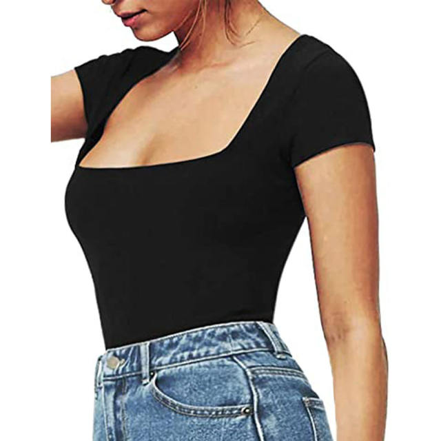 Black Square Neck Short Sleeve Bodysuit TQX551134-2
