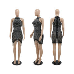 Black Halter Rhinestone Tasseled Bodycon Dress TQK311239-2