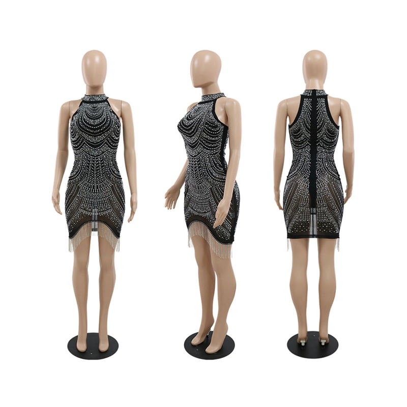 Black Halter Rhinestone Tasseled Bodycon Dress TQK311239-2