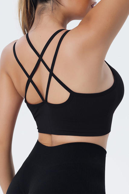 Black Ribbed Knit Strappy Back Yoga Bra LC264384-2