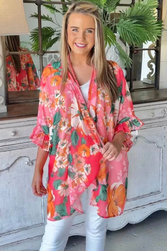 Pink Floral Print Ruffled 3/4 Sleeve Loose Fit Kimono LC2541737-10