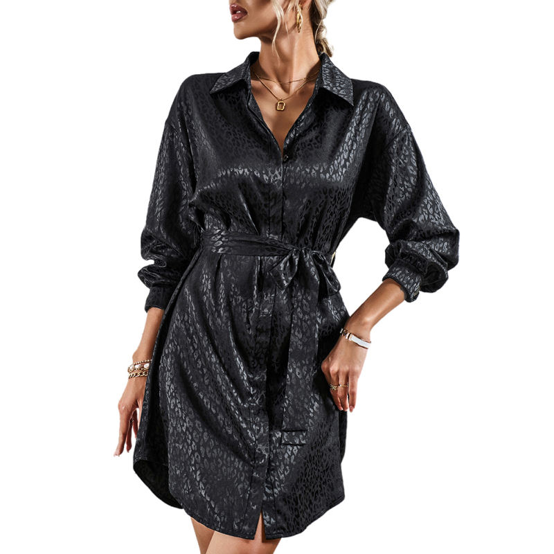 Black Satin Leopard Print Shirt Dress with Belt TQH310106-2