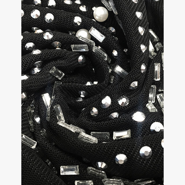 Black Mesh V Neckline Rhinestone Bodycon Dress TQK311548-2