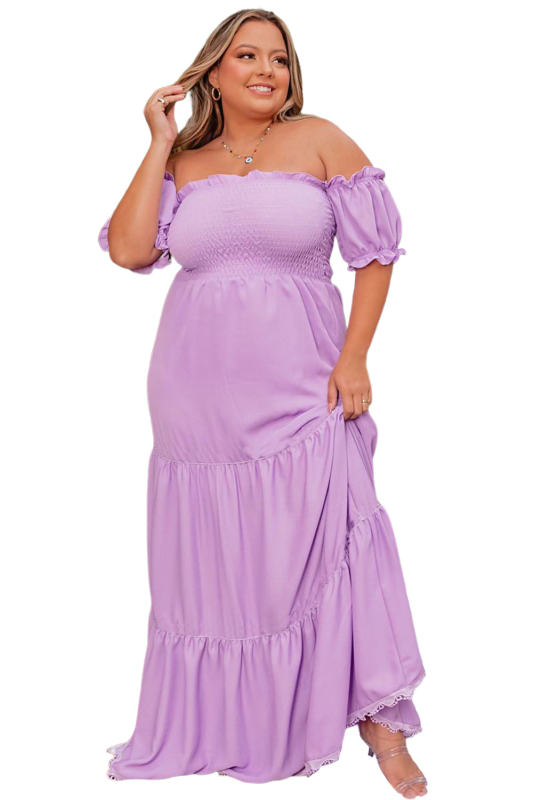 Purple Ruffled Smocked Off Shoulder Plus Size Maxi Dress PL61724-8