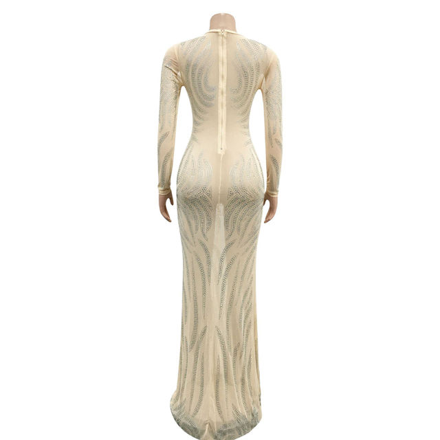Apricot Mesh Rhinestone See Through Long Sleeve Maxi Dress TQK311243-18