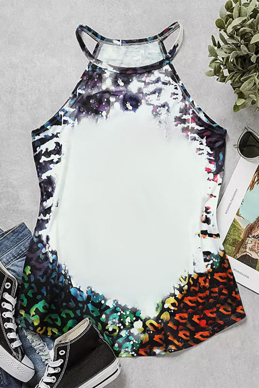 Black Leopard Bleached Print Round Neck Tank Top LC2568880-2