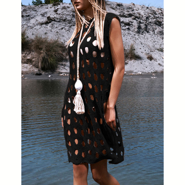 Black Hollow-out Pullover Beach Cover with Slit TQG310034-2