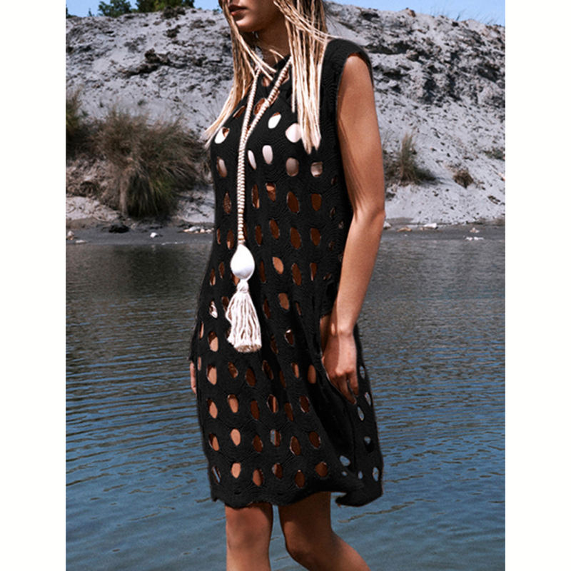 Black Hollow-out Pullover Beach Cover with Slit TQG310034-2