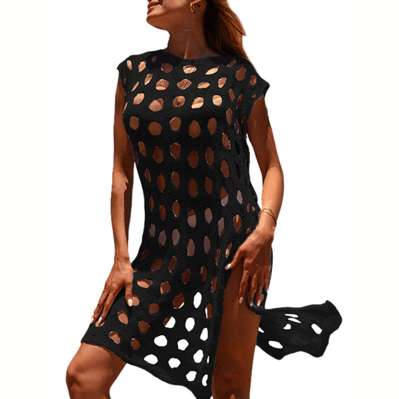 Black Hollow-out Pullover Beach Cover with Slit TQG310034-2