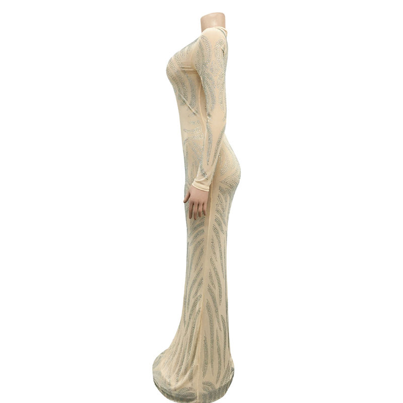 Apricot Mesh Rhinestone See Through Long Sleeve Maxi Dress TQK311243-18