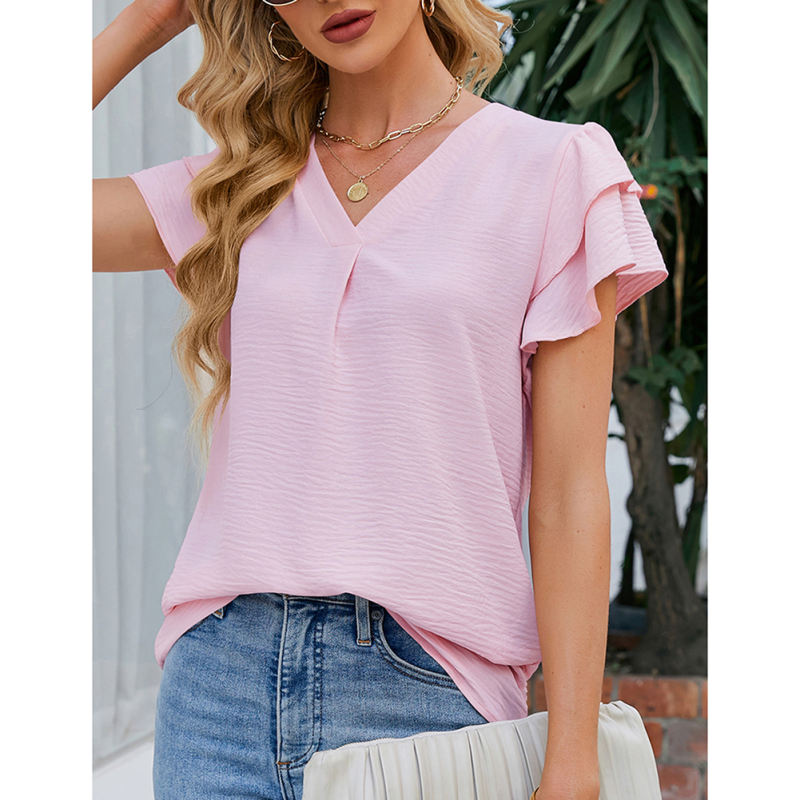 Light pink Chiffon V-neck Ruffled Short Sleeve Top TQG22001-39