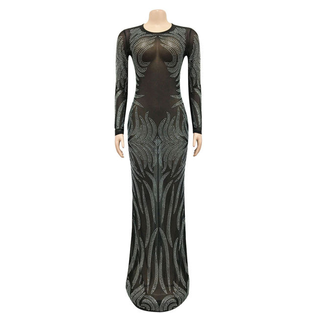 Black Mesh Rhinestone See Through Long Sleeve Maxi Dress TQK311243-2