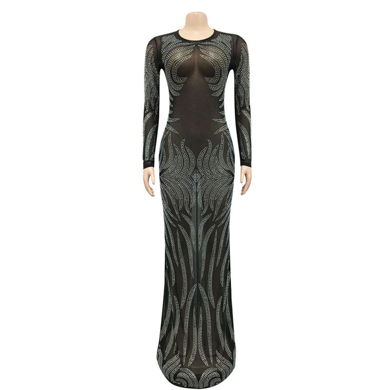 Black Mesh Rhinestone See Through Long Sleeve Maxi Dress TQK311243-2