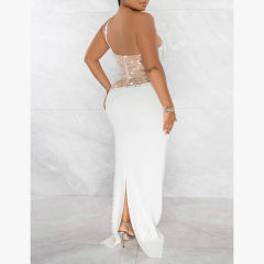 White Rhinestone Pearl Mesh One-shoulder Maxi Dress TQK311552-1