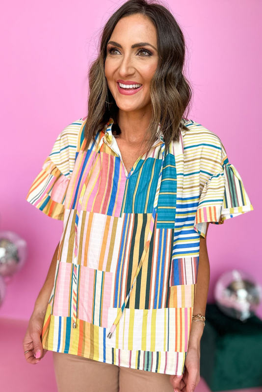 Multicolor Striped Printed Ruffle Short Sleeve Blouse LC25121864-22