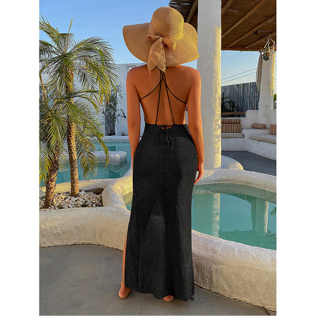 Black Backless High Split Beach Cover Dress TQK650107-2