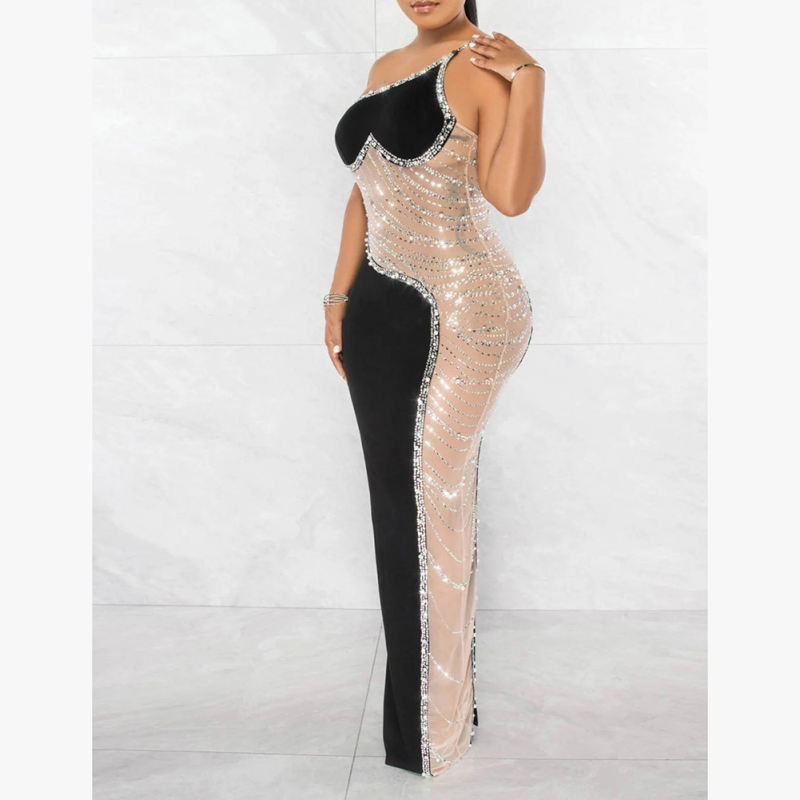Black Rhinestone Pearl Mesh One-shoulder Maxi Dress TQK311552-2