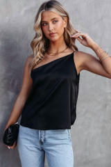 Black Satin One Shoulder Loose Tank Top LC2568331-2