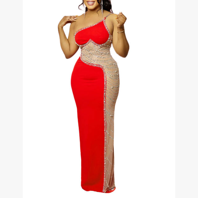 Red Rhinestone Pearl Mesh One-shoulder Maxi Dress TQK311552-3