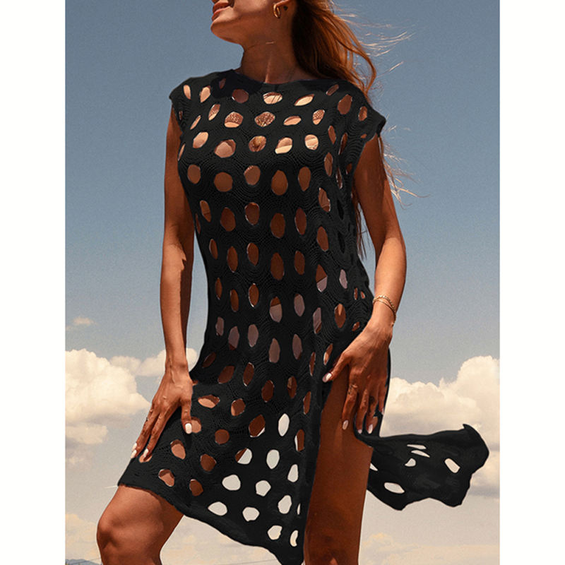 Black Hollow-out Pullover Beach Cover with Slit TQG310034-2