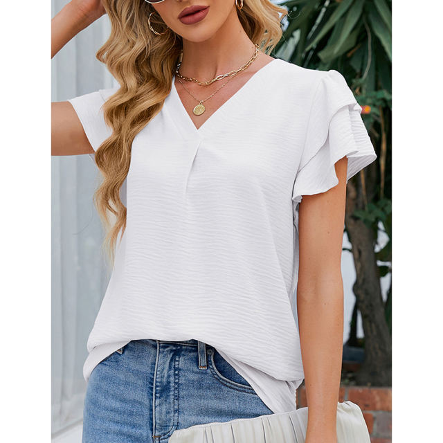 White Chiffon V-neck Ruffled Short Sleeve Top TQG22001-1