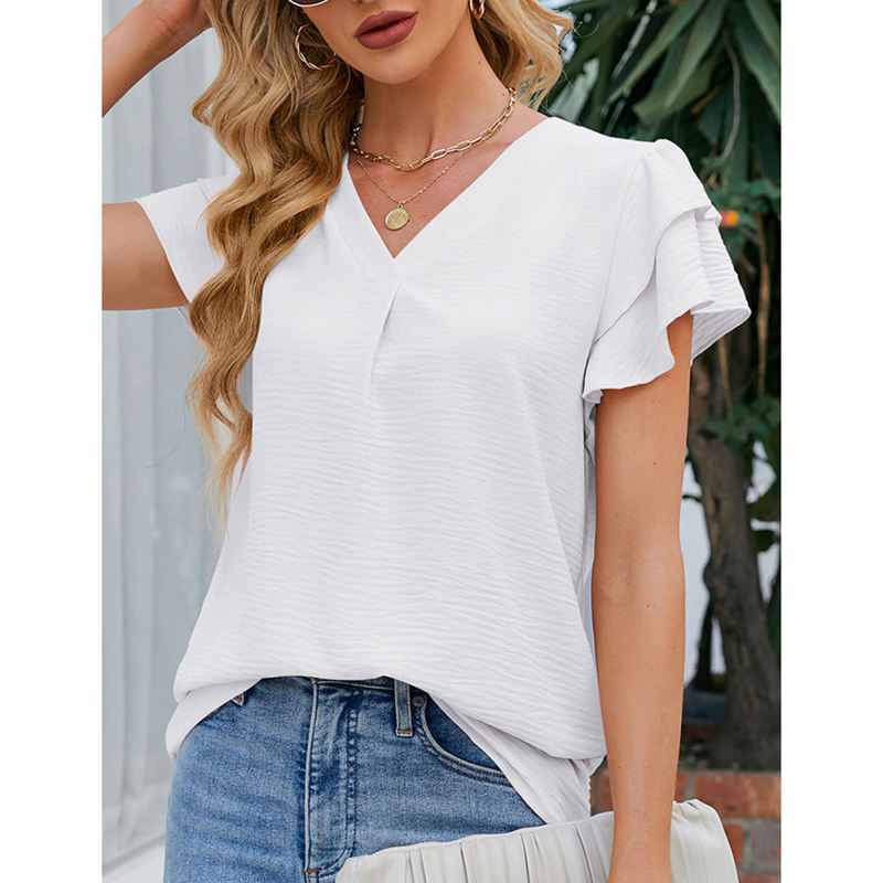 White Chiffon V-neck Ruffled Short Sleeve Top TQG22001-1